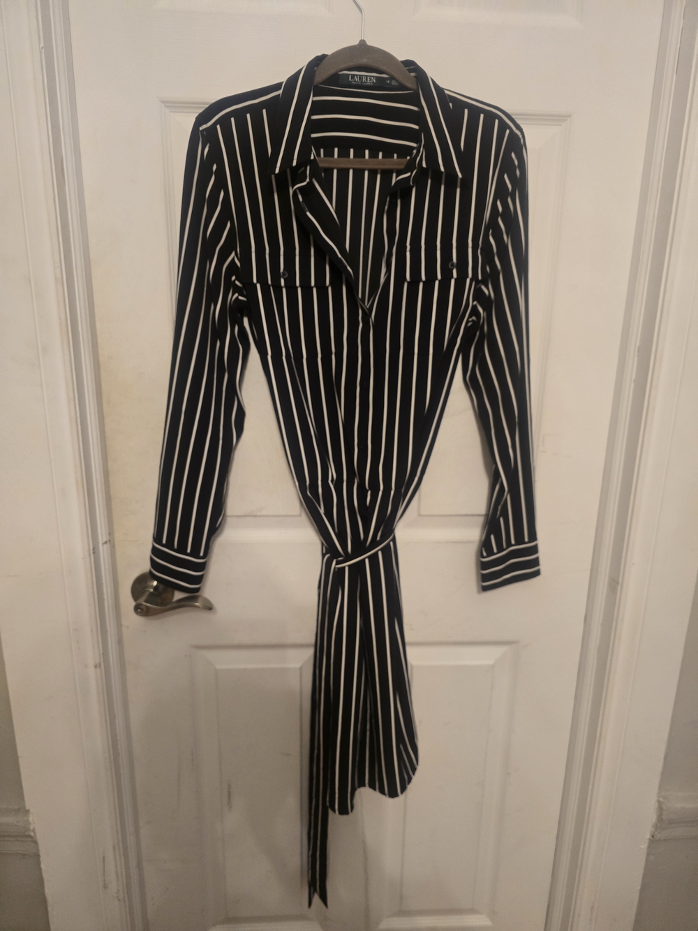 Lauren Ralph Lauren Black and White Striped Tie-Waist Long Sleeve Dress